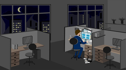 an office worker works in an empty office late at night alone. Vector illustration of a work office after people left work, one person remained at his workplace.