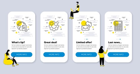 Vector Set of Technology icons related to Seo gear, Share mail and Online voting icons. UI phone app screens with people. Calculator line symbols. Cogwheel, New e-mail, Internet poll. Vector