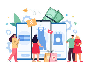 Customers buying from internet shops using app on mobile phones. People purchasing clothes in online store flat vector illustration. Online shopping, sale, ecommerce concept for banner, website design