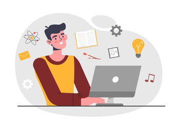 Fototapeta na wymiar Concept of creativity. Man sitting at laptop. Businessman launches startup. Employee working on project. New ideas, office work, workflow, insight, light bulb. Cartoon flat vector illustration