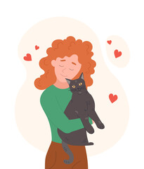 Girl and cat. Woman hugs kitten with love. Caring hostess, animal protector. Character loves her pet. Comfort, coziness. Household chores, routine, housewife. Cartoon flat vector illustration
