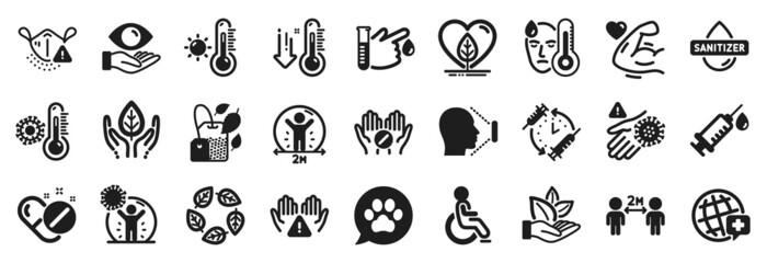 Set of Healthcare icons, such as Fair trade, Weather thermometer, Hand sanitizer icons. Local grown, Vaccination schedule, Fever signs. Social distance, Pets care, Coronavirus protection. Vector