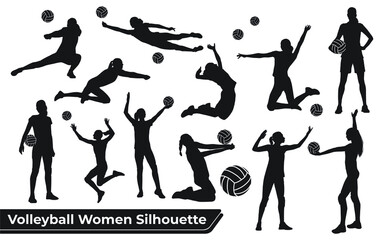 Collection of Volleyball Player Woman silhouettes in different poses