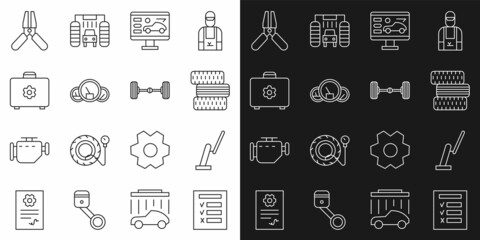 Set line Car inspection, Windscreen wiper, tire wheel, Diagnostics condition of car, Speedometer, Toolbox, battery jumper power cable and Chassis icon. Vector