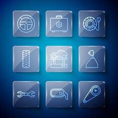 Set line Wrench spanner, Car rearview mirror, Timing belt kit, Tire pressure gauge, Repair car on lift, tire wheel, Steering and Gear shifter icon. Vector