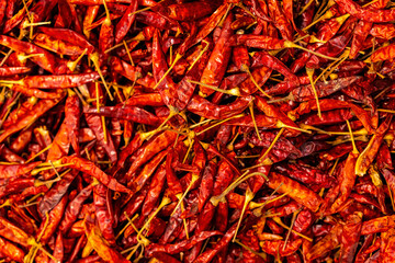Food backgrounds. red dried chili on basket in supermarket.