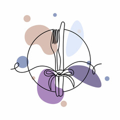 Vector abstract continuous one single simple line drawing icon of  christmas table setting in silhouette sketch. Perfect for greeting cards