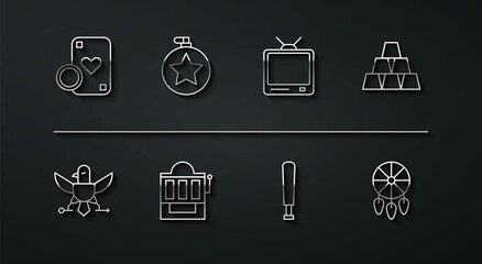 Set line Casino chip and playing cards, Eagle, Gold bars, Baseball bat, Slot machine, Canteen water bottle, Dream catcher with feathers and Retro tv icon. Vector