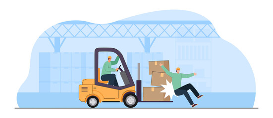 Worker getting injured in warehouse. Forklift driver crashing into colleague, injury compensation flat vector illustration. Factory accident, insurance concept for banner or landing web page - obrazy, fototapety, plakaty
