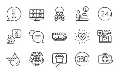 Business icons set. Included icon as Photo camera, Travel loan, Text message signs. Wish list, 360 degrees, Chemical hazard symbols. Hydroelectricity, 24 hours, Heartbeat. Video conference. Vector