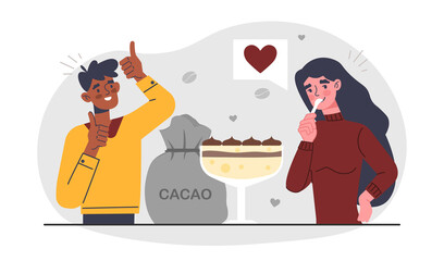 Image of tiramisu. Man and girl trying delicacy. Oriental sweets, Italian cuisine, other culture, traditions. Characters trying european dishes, cacao, love. Cartoon flat vector illustration