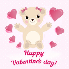 Saint Valentine day card cute teddy bear with hearts designed in soft colours and pastel shades