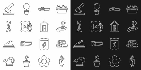 Set line Corn, Wooden logs, Hand holding flower, Chainsaw, the sack, Gardening handmade scissors, axe and Farm house icon. Vector