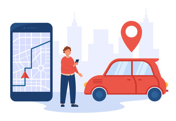 Man using mobile phone for online sharing, ordering taxi cab. Person finding location on city map for transportation flat vector illustration. Gps navigation service, delivery, rent car concept