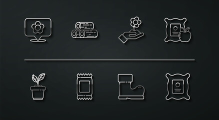 Set line Location with flower, Plant in pot, Apple the sack, Waterproof rubber boot, Fertilizer bag, Wooden logs, Pack full seeds plant and Hand holding icon. Vector