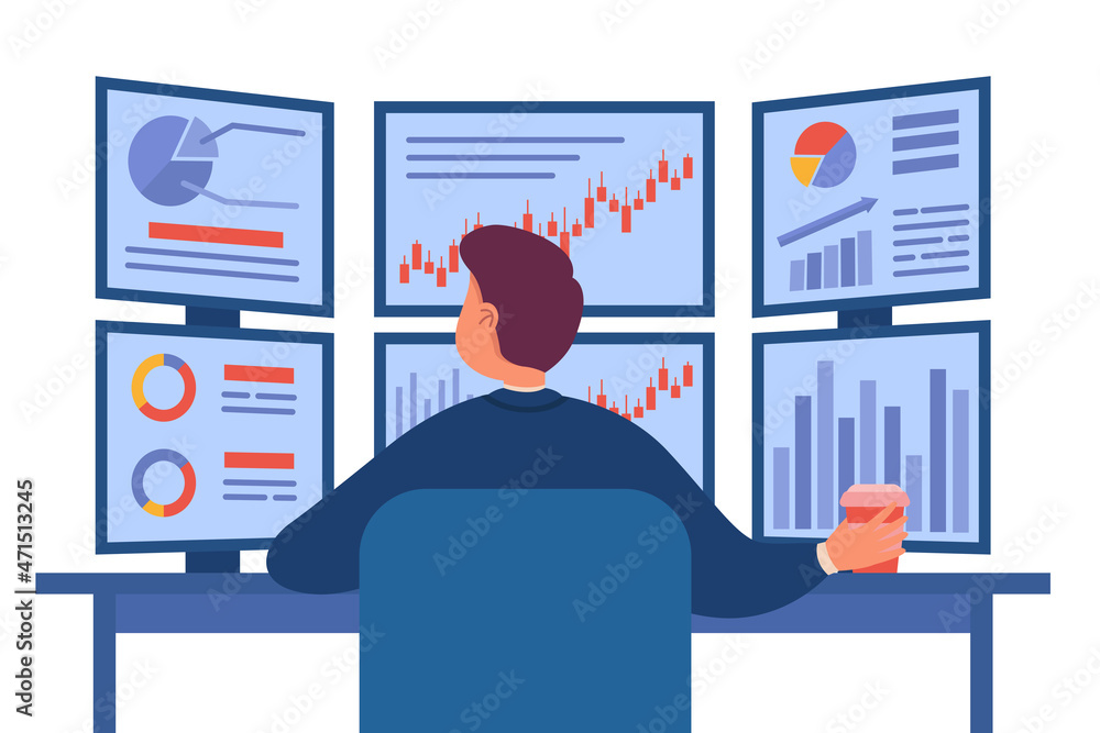 Aufkleber trader analyzing economic data charts of stock market. back view of man sitting in front of multiple