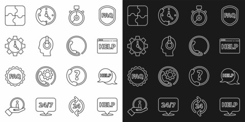 Set line Speech bubble with text Help, Browser help, Stopwatch, Support operator in touch, Time Management, Piece of puzzle and Telephone 24 hours support icon. Vector