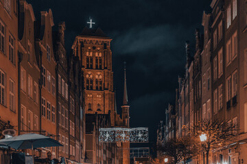 St. Mary's Church and Christmas decorations in Gdańsk in the evening