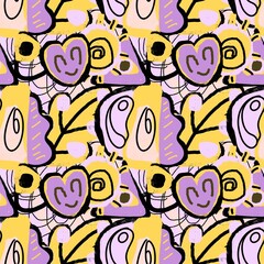 Seamless pattern, abstract Illustration, hearts and leaves in lilac yellow, suitable for fabric design, clothing, stationery, wallpaper, wrapping paper and more
