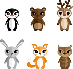 Set of cute flat Christmas animals. Penguin, bear, deer, hare, fox, owl.