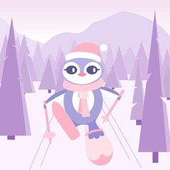 Vector image of a penguin in a scarf and a hat skiing against the background of a spruce forest and mountains.