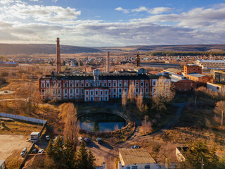 Fototapeta premium Old abandoned Novotavolzhansky sugar factory in Belgorod region, aerial view