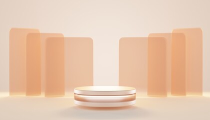 Glass round beige podium with transparent brown geometric figures on nude background. Flying pedestal. Cosmetics, beauty product promotion mockup. Abstract minimal banner, 3d render illustration