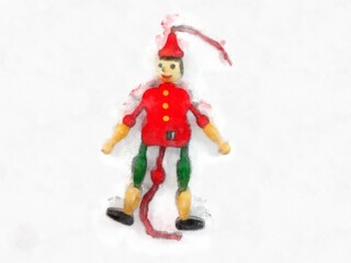 antique wooden toy doll on white background watercolor style illustration impressionist painting.