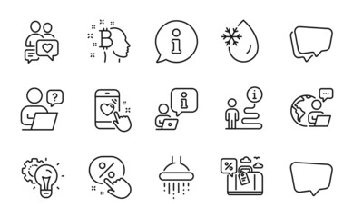 Technology icons set. Included icon as Outsource work, Travel loan, Discount button signs. Idea gear, Chat message, Dating chat symbols. Freezing water, Bitcoin think, Speech bubble. Vector
