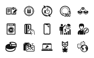 Vector set of Pie chart, Calculator target and Seo statistics icons simple set. Engineering documentation, Smartphone and Parcel shipping icons. Pie chart simple web symbol. Vector