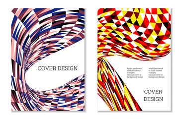 Bright patchwork from multi-colored triangles. Unusual colorful design for cover or background. Set of two templates