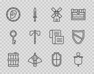 Set line Wooden barrel, Medieval flag, Windmill, Battle crossbow with arrow, Ancient coin, axe, Shield and icon. Vector