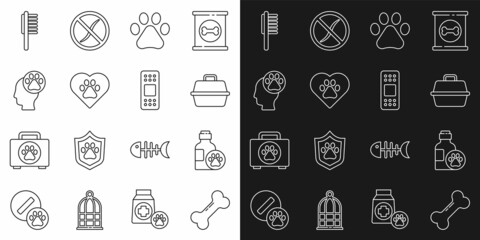 Set line Dog bone, Pet shampoo, carry case, Paw print, Heart with animals footprint, Human, Pets vial medical and Bandage plaster icon. Vector