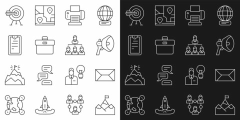 Set line Mountains with flag, Envelope, Megaphone, Printer, Briefcase, Clipboard checklist, Target arrow and Hierarchy organogram chart icon. Vector