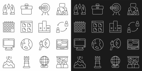 Set line Training, presentation, Chat messages laptop, Human resources, Target with arrow, Browser files, Calendar, Growth chart and progress and Award over winner podium icon. Vector