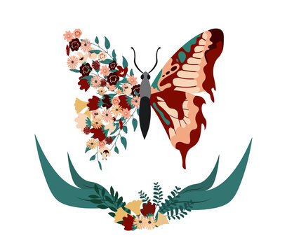 Butterfly in flowers. Unusual images. Abstract pictures. Wildlife, outdoor, park. Stylish pictures, wallpaper. Graphic elements for sites with ecology protection. Cartoon flat vector illustration