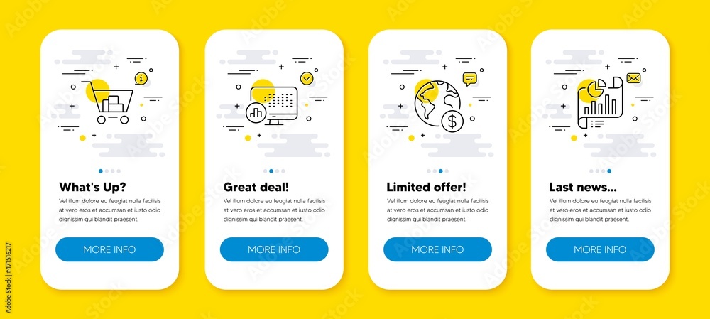 Poster vector set of global business, report statistics and internet shopping line icons set. ui phone app 