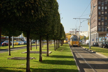Tram train outside in Budapest Hungary