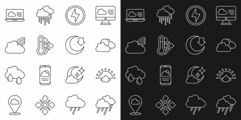 Set line Cloud with rain, Sunrise, and cloud weather, Lightning bolt, Meteorology thermometer, Rainbow clouds, Weather forecast and Moon icon. Vector