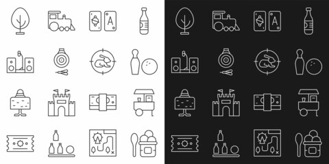 Set line Ice cream in bowl, Fast street food cart, Bowling pin and ball, Tarot cards, Classic dart board arrow, Home stereo with two speakers, Tree and Hunt on rabbit crosshairs icon. Vector