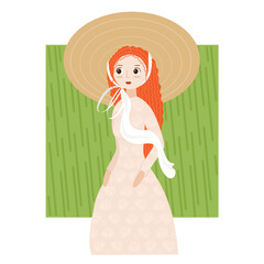 Fototapeta na wymiar A beautiful girl is wearing a long white dress with pattern and large wide-brimmed straw hat on the ranch by the fence.