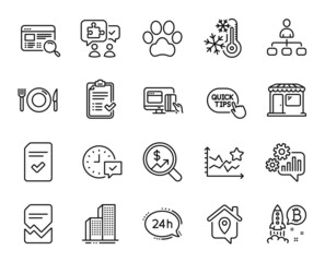 Vector set of Market, Corrupted file and Approved checklist line icons set. Checked file, Cogwheel and Website search icons. Dog paw, Work home and 24h service signs. Market web symbol. Vector