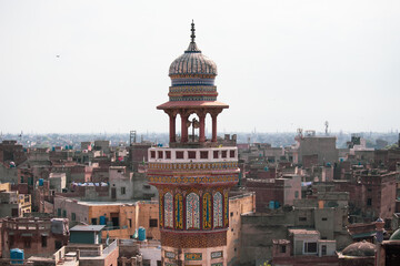 Minaret of the Wazir Khan Mosque (Masjid) in Lahore historical center, Punjab, Pakistan