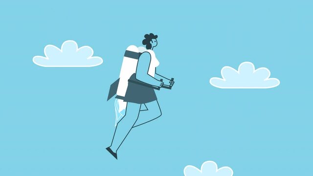 Flying Woman with jet pack. Flat Design Cartoon Character Isolated Loop 2d Animation with Alpha Channel