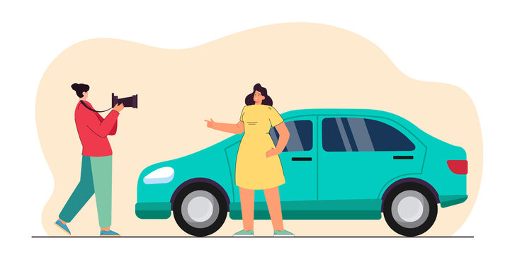 Photographer taking picture of happy girl with new car. Man with professional photo camera flat vector illustration. Photo album, social media concept for banner, website design or landing web page