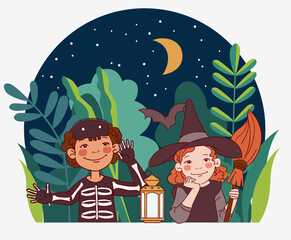 Naklejka premium Cute kids in carnival costumes. Vector illustration 