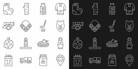 Set line Location Russia, Russian doll matryoshka, Bear head, Pickled cucumbers in jar, bagels, Cannon, Valenki and Ice hockey stick and puck icon. Vector