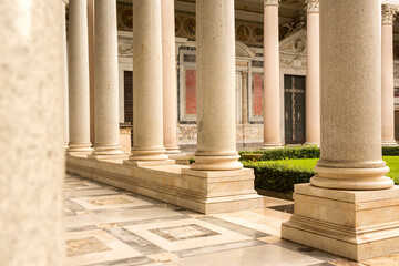 Detail of the colonnade of quadriporticus in the papal basilica of Saint Paul Outside the Walls, Rome, Italy.
