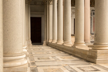 Detail of the colonnade of quadriporticus in the papal basilica of Saint Paul Outside the Walls, Rome, Italy.