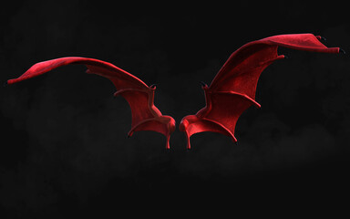 3d Illustration Red Dragon Wing, Red Devil Wings, Red Demon Wing Plumage Isolated on Dark Background with Clipping Path.
